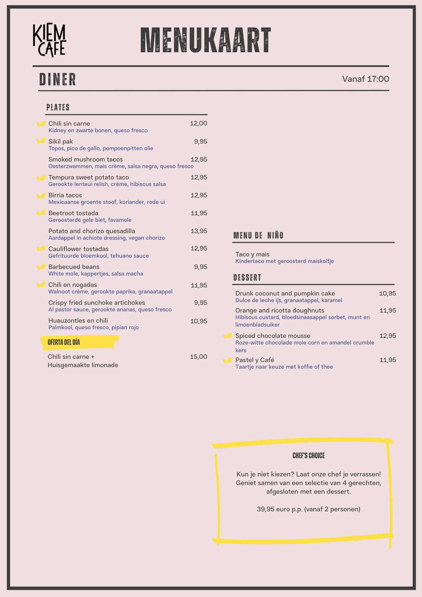 Diner menu Kiem Cafe